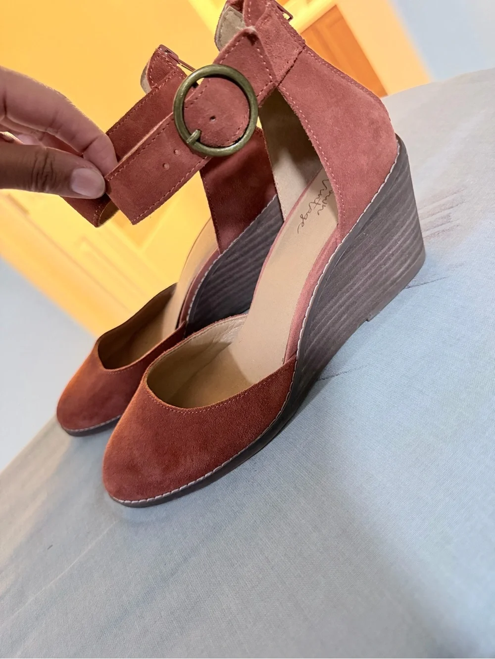 Crown Vintage Rose Suede Ankle-Strap Wedge Pumps